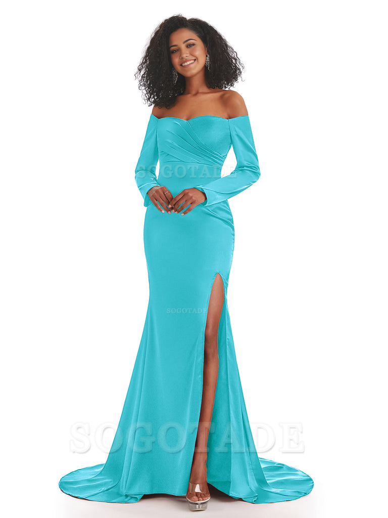 Mermaid Long Sleeve Satin formal dresses evening gown Bridesmaid Dresses With Side Slit 