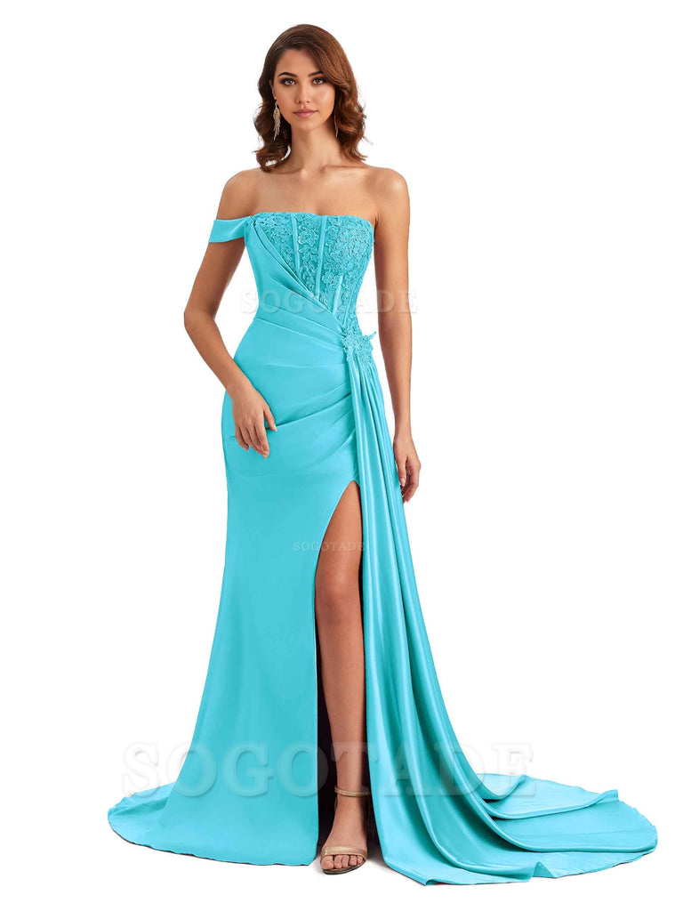 Mermaid Off Shoulder Applique formal dresses evening gown Bridesmaid Dresses With Side Slit 