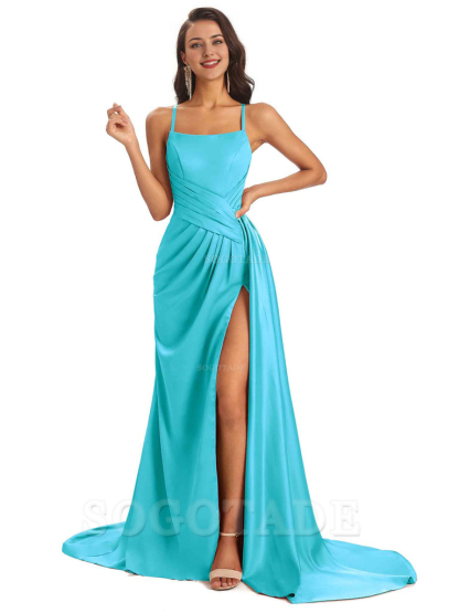 Sexy Soft Satin Side Slit Spaghetti Straps Long Maxi Bridesmaid Dresses prom shop dresses