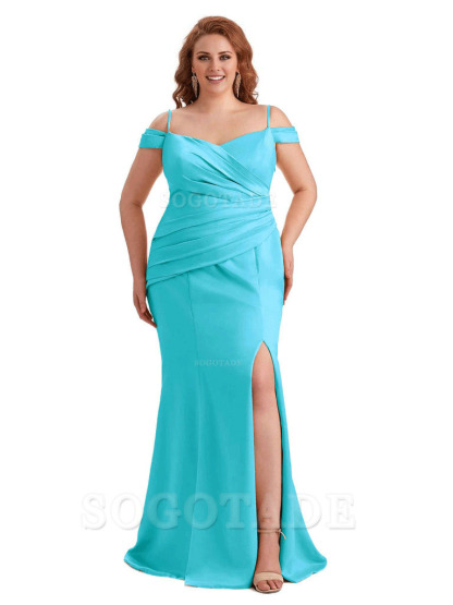 Elegant Cold Shoulder Side Slit Mermaid Soft Satin Long Plus Size Bridesmaid Gowns
