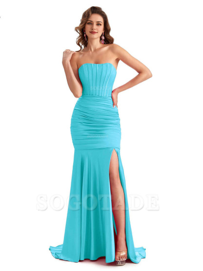 Sexy Strapless Side Slit Mermaid Silky Satin Formal Bridesmaid Dresses