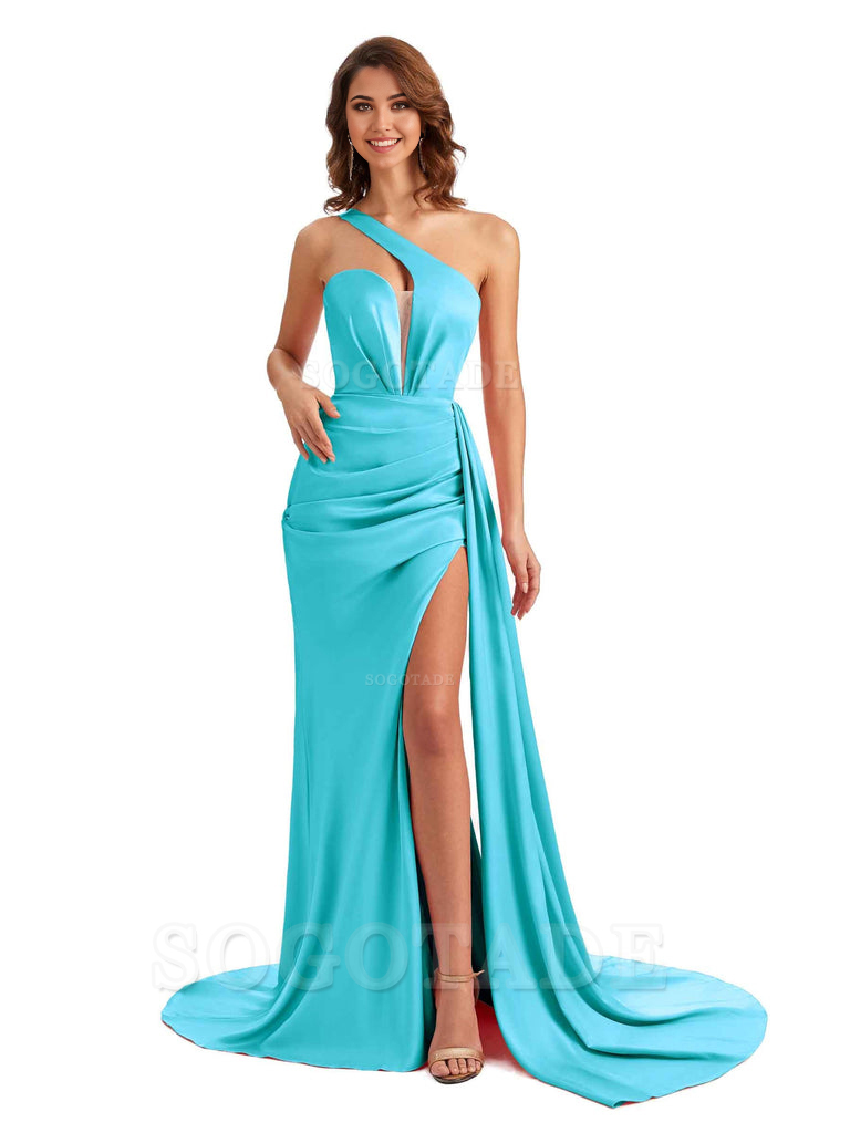Mermaid One Shoulder Satin formal dresses evening gown Bridesmaid Dres