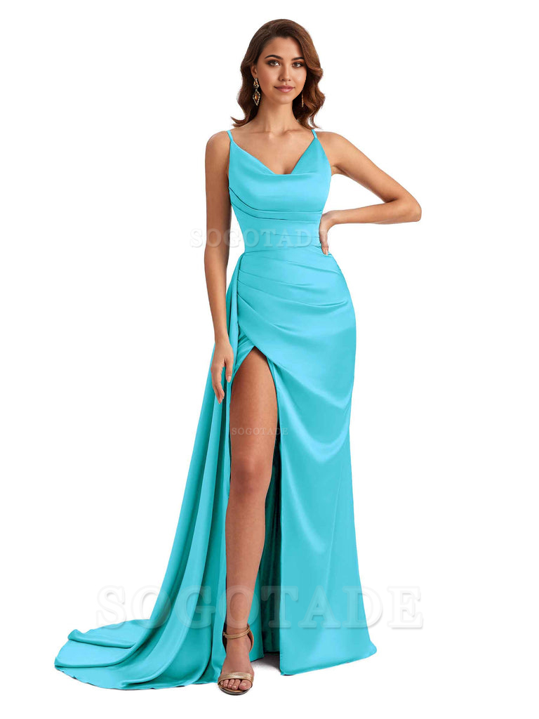 Mermaid Cowl Spaghetti Satin formal dresses evening gown Bridesmaid Dresses With Side Slit