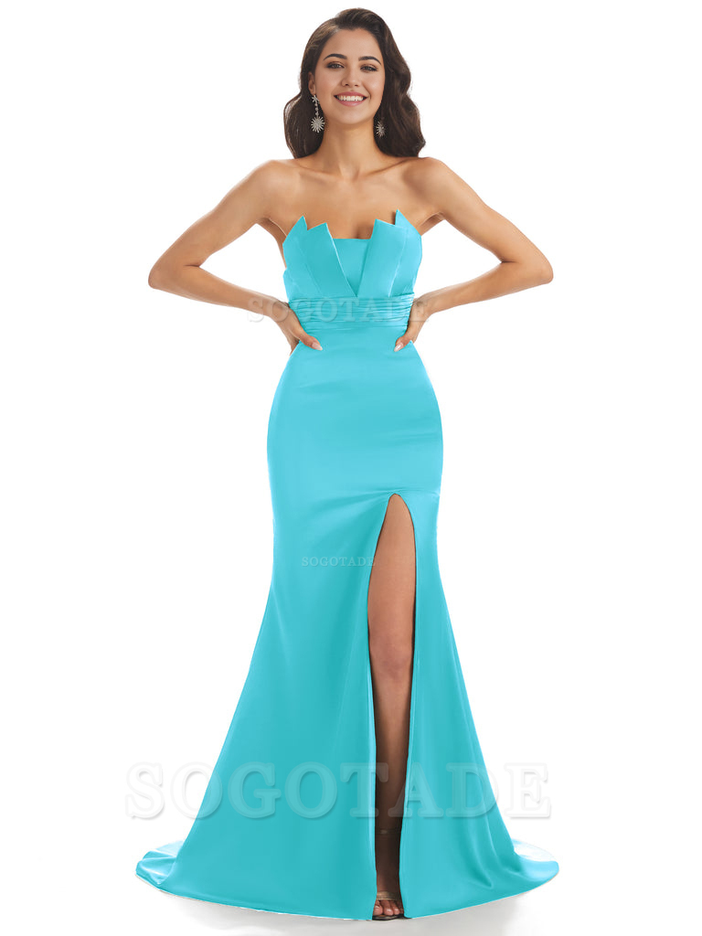 Mermaid sleeveless Satin formal dresses evening gown Bridesmaid Dresses With Side Slit 