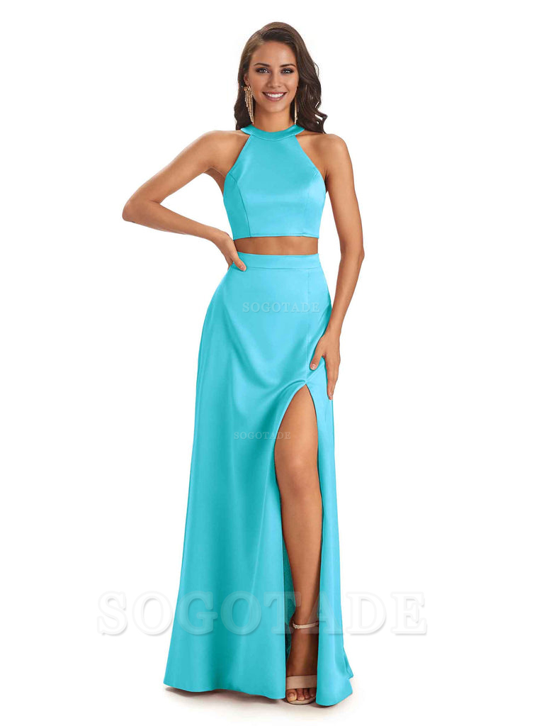Soft Satin Two-Pieces Halter Side Slit Sexy Fashion Bridesmaid Dresses Charming Evening Party Dress