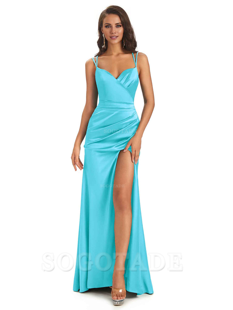 Sexy Soft Satin Side Slit Spaghetti Straps Long Maxi Mermaid Bridesmaid Dresses Elegant Evening Party Dress