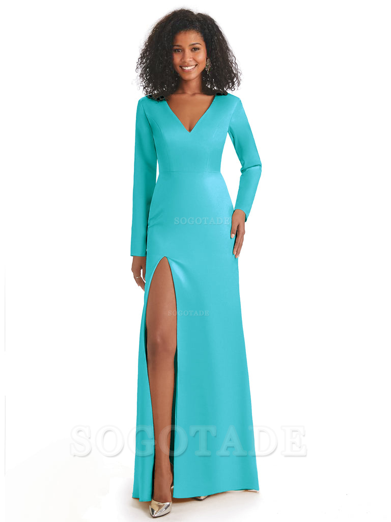 Soft Satin Side Slit Long Sleeves V-Neck Long African Mermaid Bridesmaid Dresses Elegant Evening Party Dress