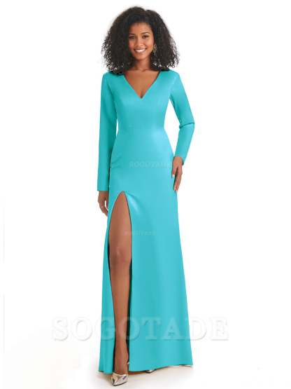 Soft Satin Side Slit Long Sleeves V-Neck Long African Mermaid Bridesmaid Dresses Elegant Evening Party Dress