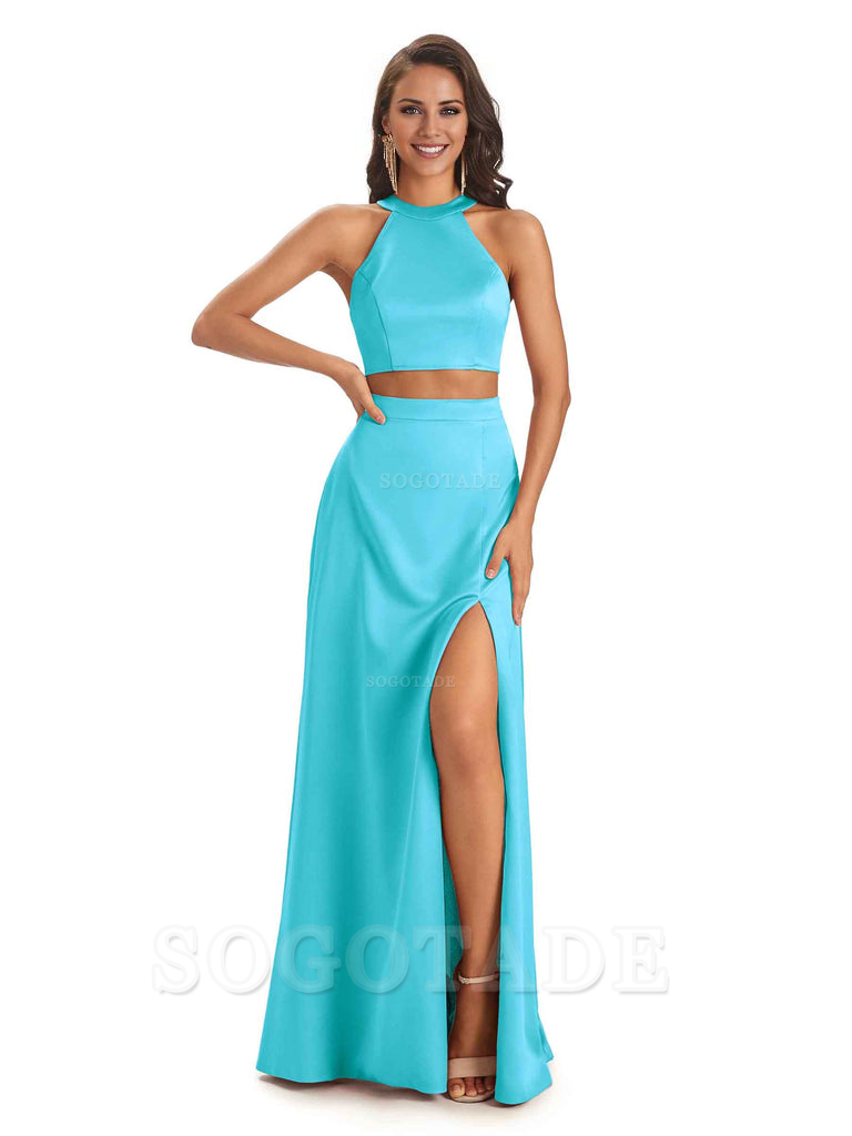 Soft Satin Two-Pieces Halter Side Slit Sexy Fashion Bridesmaid Dresses Charming Evening Party Dress