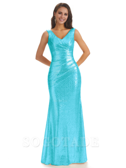 Sexy Sequin V-Neck Sparkly Long Mermaid Bridesmaid Dresses Charming Evening Party Dress
