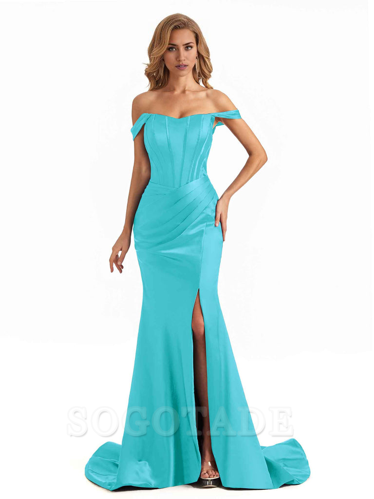 Sexy Long Mermaid Bridesmaid Dresses Off The Shoulder with Side Slit Satin Elegant Evening Party Dress 
