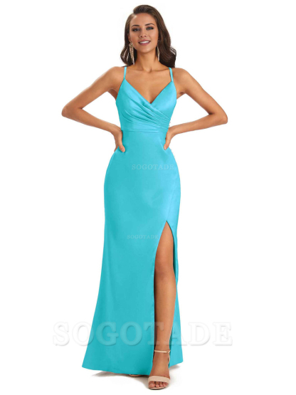 Soft Satin Side Slit Spaghetti Straps Long Unique Mermaid Bridesmaid Dresses Elegant Evening Party Dress