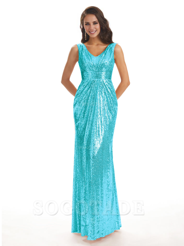 Sparkly V-Neck Sequin Long Mermaid Bridesmaid Dresses Sleeveless Charming Evening Party Dress