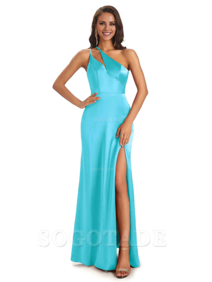 Sexy Soft Satin Side Slit One Shoulder Floor-Length Mermaid Long Bridesmaid Dresses Elegant Evening Party Dress