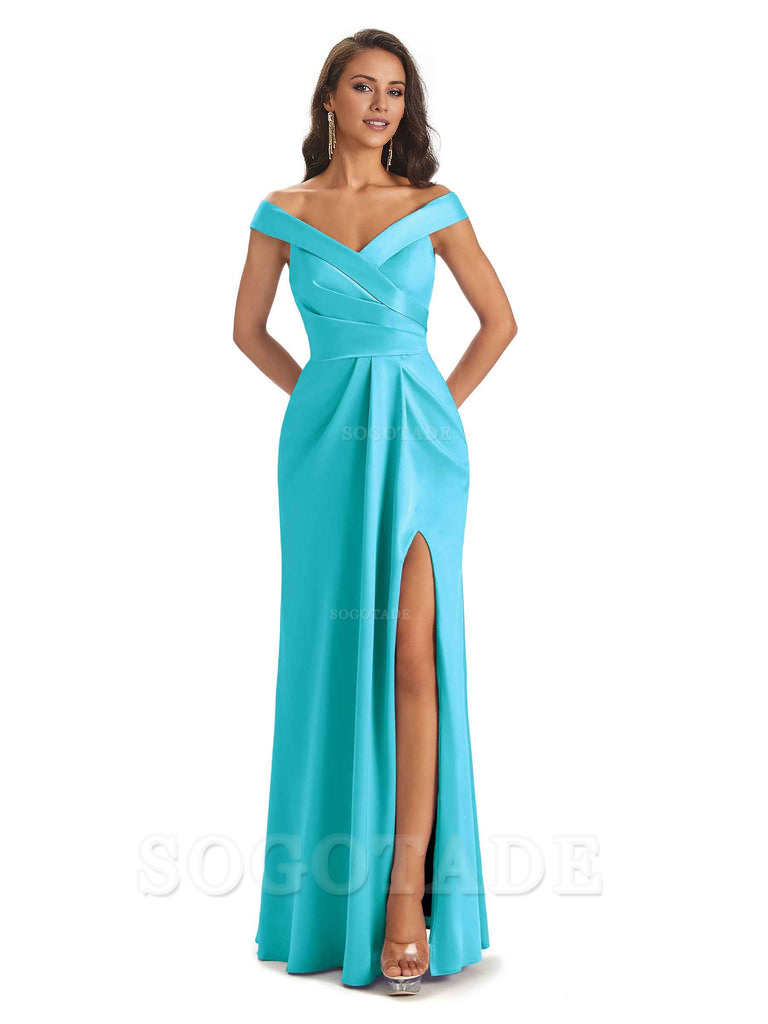 Sexy Soft Side Slit Off Shoulder V-Neck Long Satin Ladies Bridesmaid Dresses Elegant Evening Party Dress