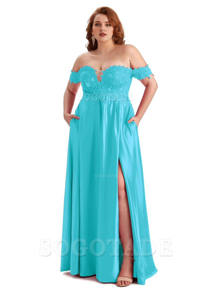 Off Shoulder Side Slit Lace Soft Satin Long Plus Size Bridesmaid Dresses For Wedding