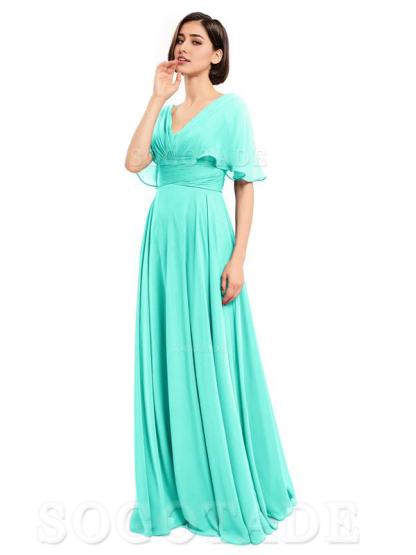  V-Neck Cap Sleeves Sleeves Chiffon Long Elegant Bridesmaid Dresses Formal Wear Dresses