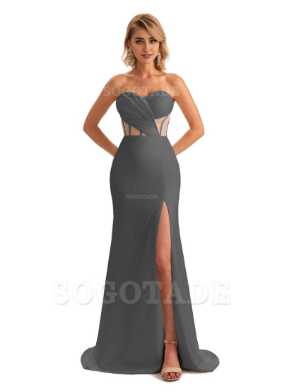 Sexy Sweetheart Strapless Side Slit Mermaid Soft Satin Unique Long Bridesmaid Dress For Wedding