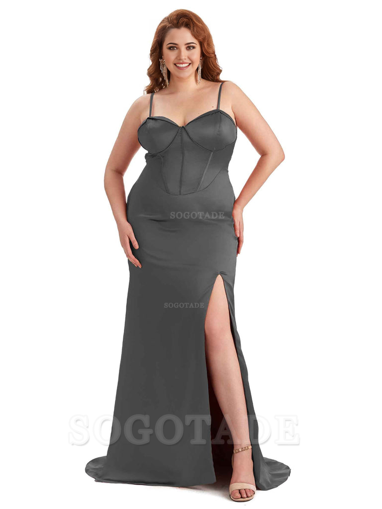 Sexy Spaghetti Straps Side Slit Sleeveless Mermaid Soft Satin Long Bridesmaid Dress Plus Size Dress To Wear to a Wedding