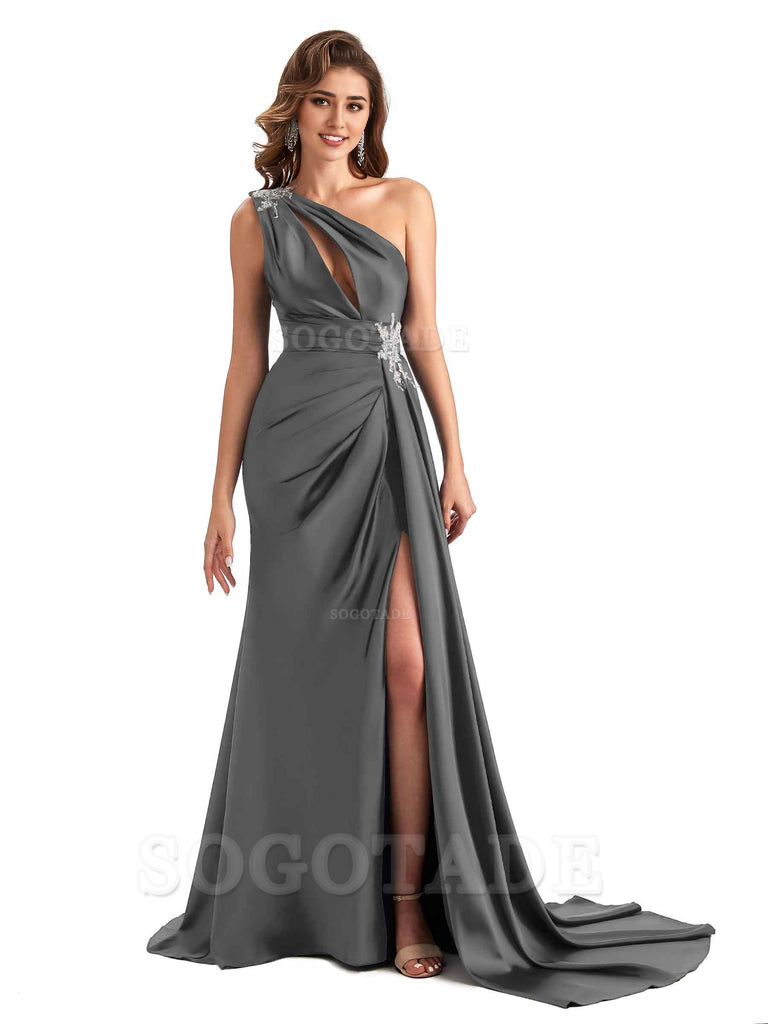 Sexy Side Slit Mermaid Soft Satin One Shoulder Lace Long Modern Bridesmaid Dresses