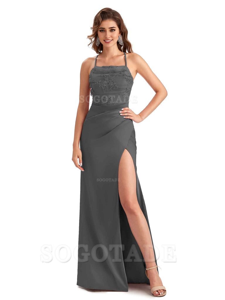 Sexy Side Slit Mermaid Lace Silky Satin Long Wedding Day Guest Dresses