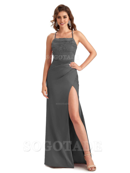 Sexy Side Slit Mermaid Lace Silky Satin Long Wedding Day Guest Dresses