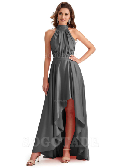 Soft Satin High Neck High Low A-Line Unique Bridesmaid Dresses Online