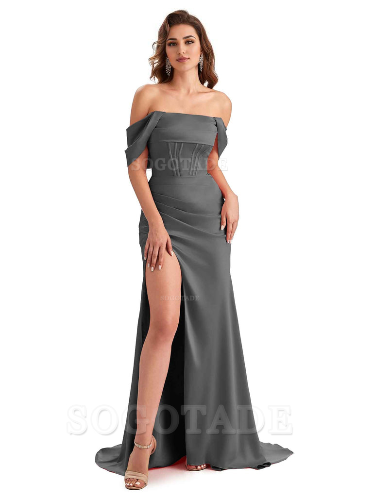Sexy Side Slit Mermaid Soft Satin Off The Shoulder Unique Long Wedding Attendee Dresses