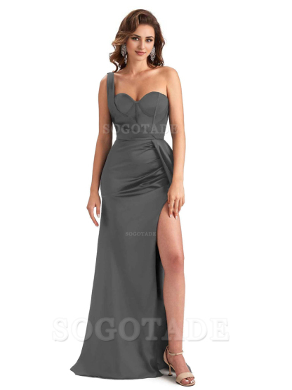 Sexy Mermaid Silky Satin Side Slit One Shoulder Unique Long Wedding Guest Dresses