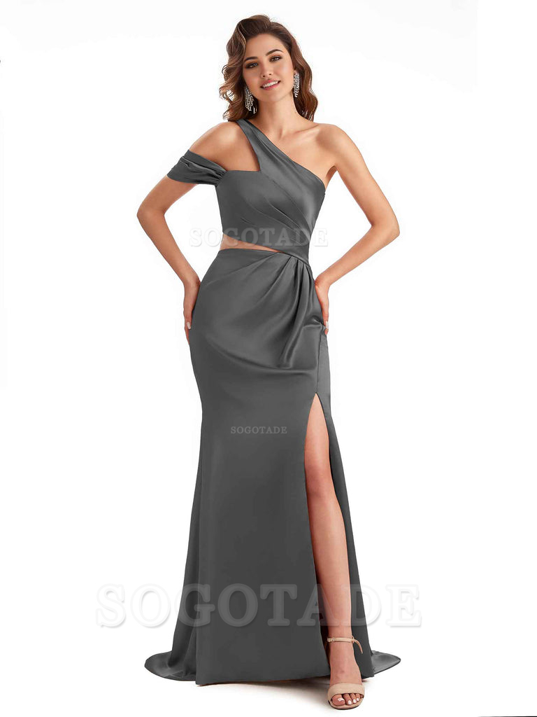 Sexy Side Slit Mermaid Soft Satin One Shoulder Long Unique Bridesmaid Dresses