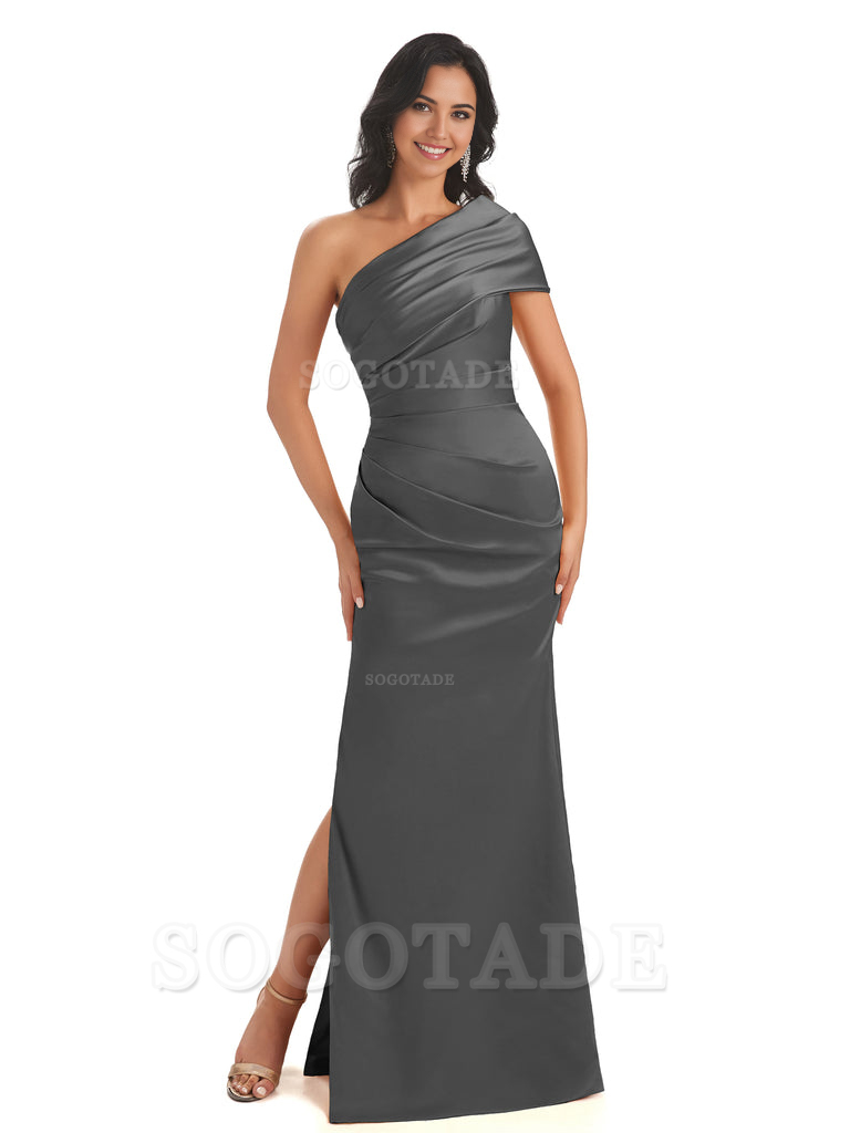 Mermaid One Shoulder Satin Long formal dresses evening gown Bridesmaid Dresses With Side Slit 