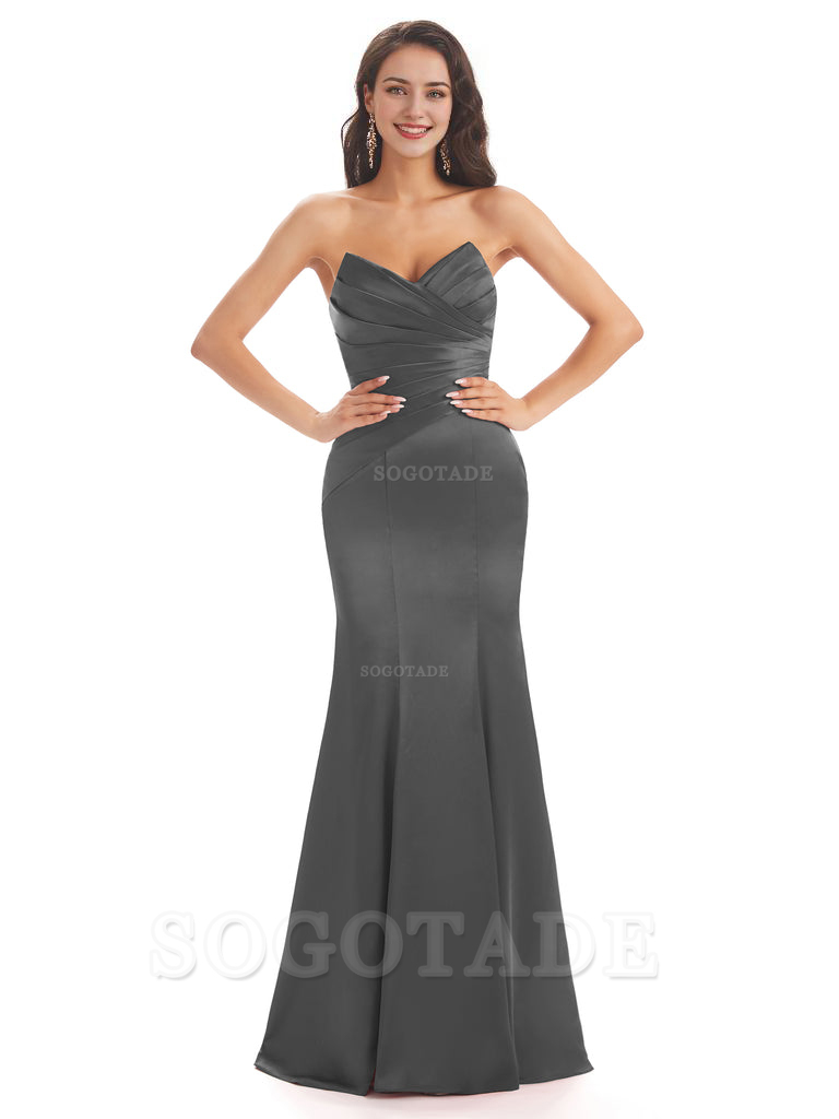 Simple Strapless Sweetheart Soft Satin Mermaid Long Bridesmaid Dresses prom shop dresses