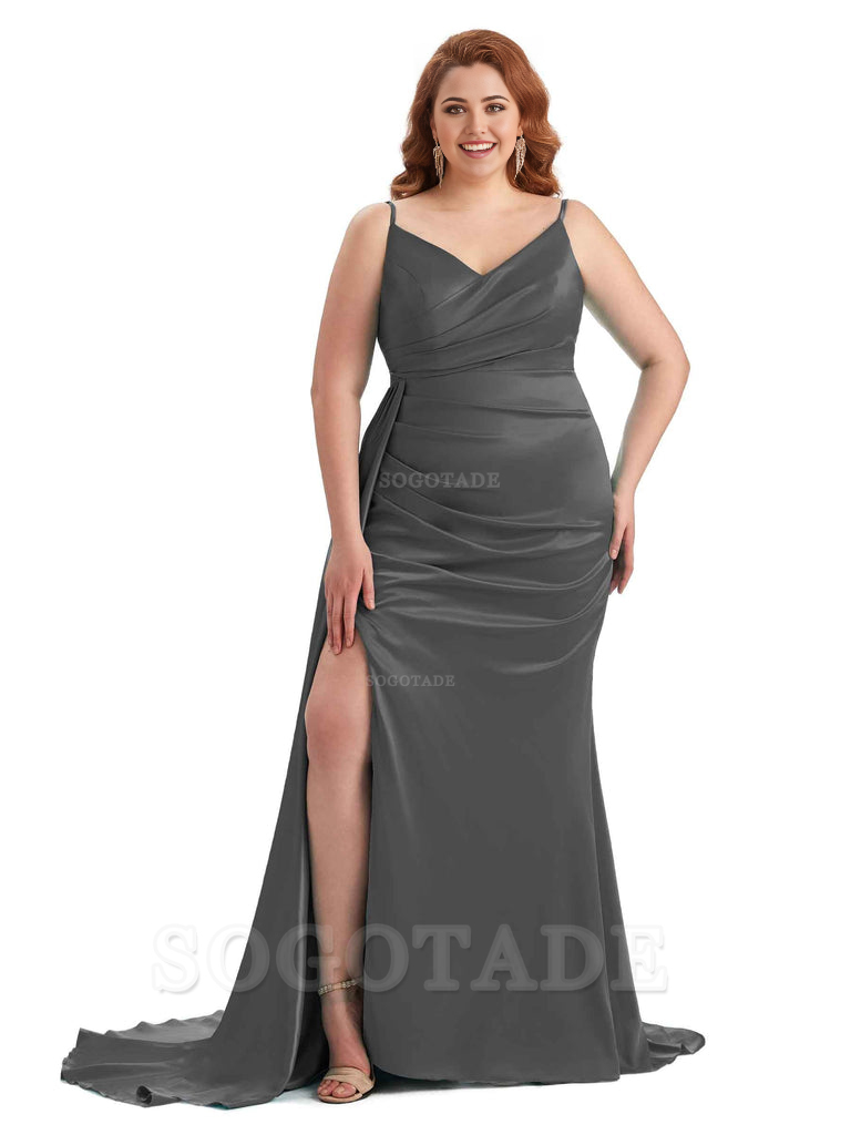 Sexy Side Slit Mermaid Spaghetti Straps V Neck Soft Satin Long Plus Size Maid of Honor Dresses 