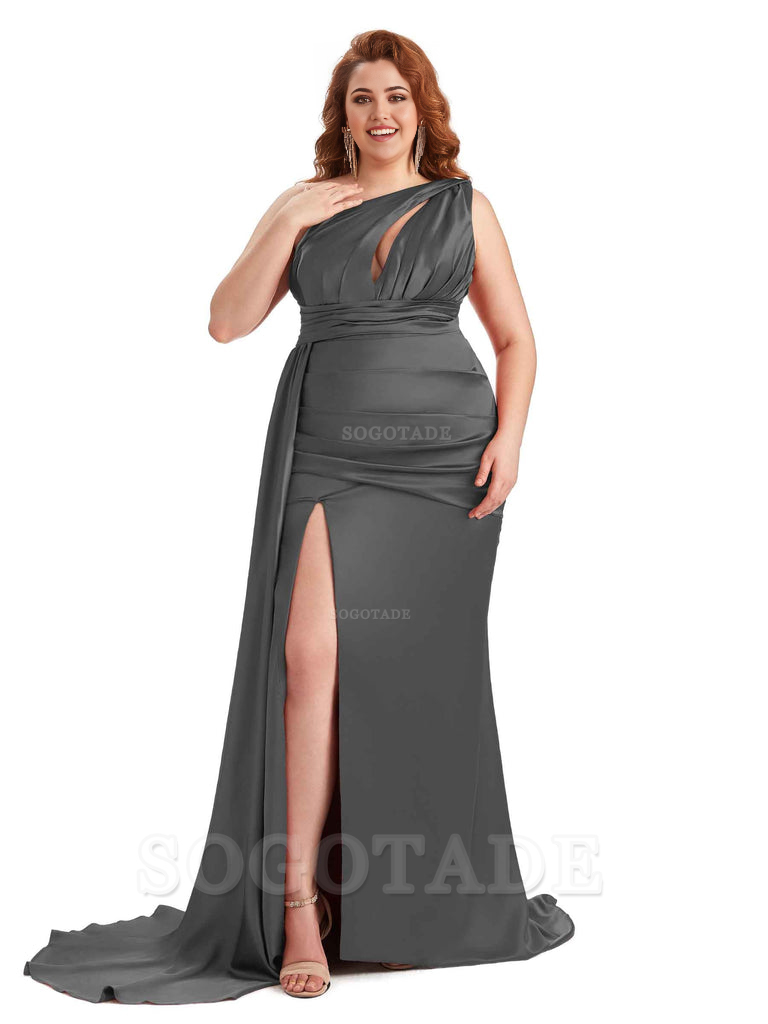 Elegant One Shoulder Side Slit Sleeveless Mermaid Soft Satin Long Plus Size Bridesmaid Dress For Wedding