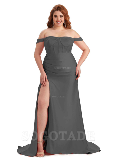 Elegant Off The Shoulder Side Slit Mermaid Soft Satin Floor Length Long Plus Size Bridesmaid Gowns
