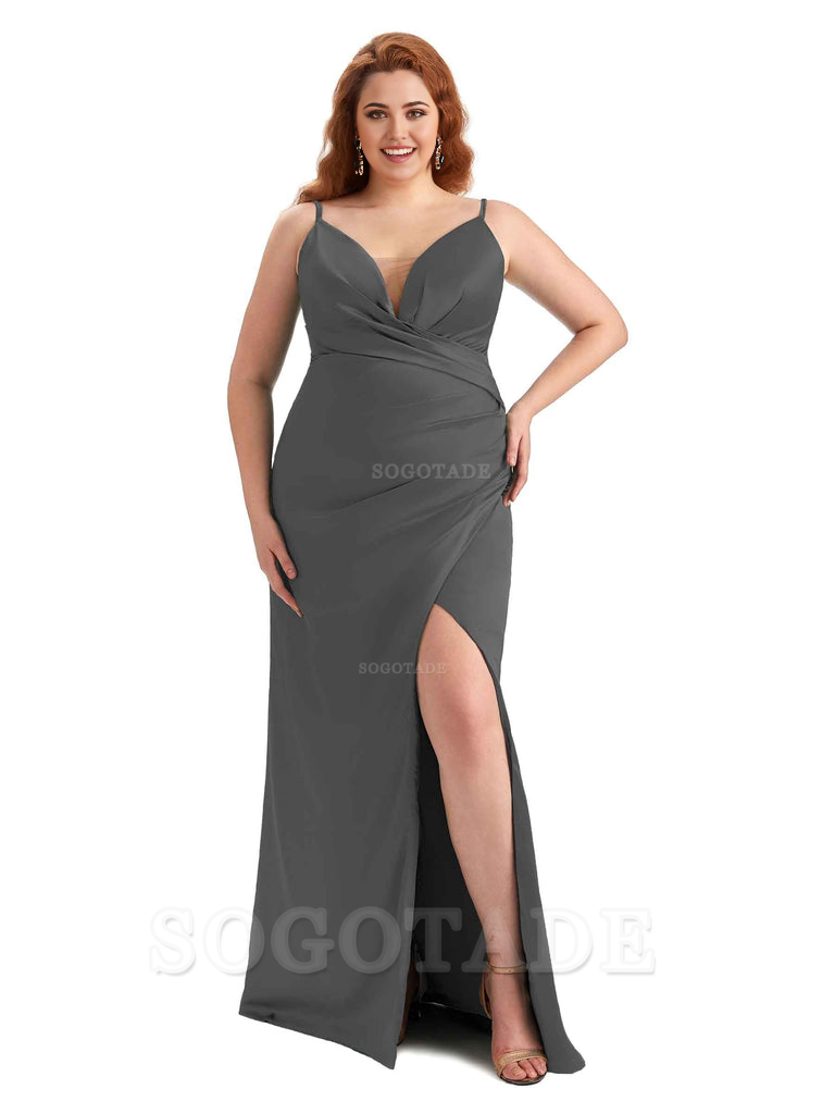 Sexy Side Slit Spaghetti Straps Sleeveless Mermaid V-neck Soft Satin Long Plus Size Bridesmaid Dress For Wedding