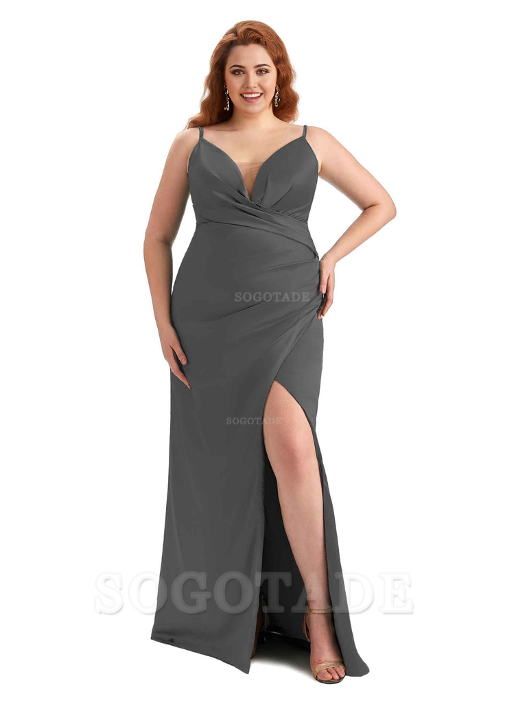 Sexy Side Slit Spaghetti Straps Sleeveless Mermaid V-neck Soft Satin Long Plus Size Bridesmaid Dress For Wedding