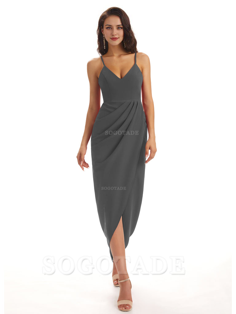 Simple Soft Satin Spaghetti Straps Mermaid Midi Bridesmaid Dresses prom shop dresses