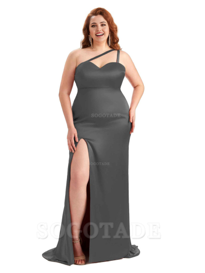 Sexy Side Slit Sleeveless Mermaid One Shoulder Soft Satin Long Plus Size Bridesmaid Dress For Wedding