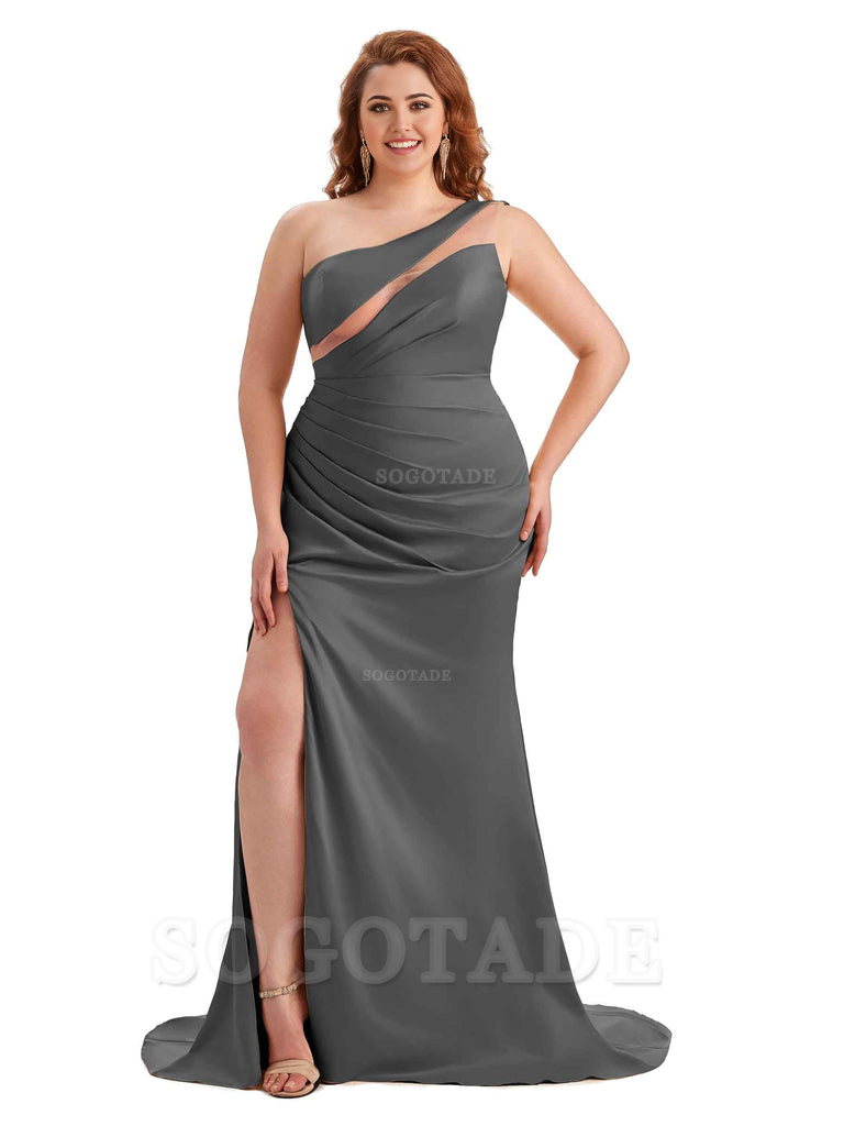 Sexy Unique Sleeveless One Shoulder Side Hight Slit Mermaid Soft Satin Long Plus Size Maid of Honour Dresses