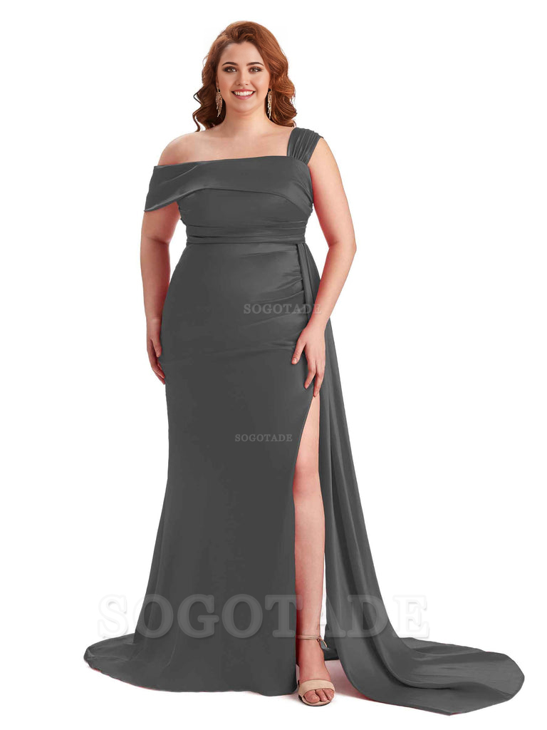 Sexy Side Hight Slit One Shoulder Mermaid Soft Satin Long Plus Size With Train Matron of Honor Dresses