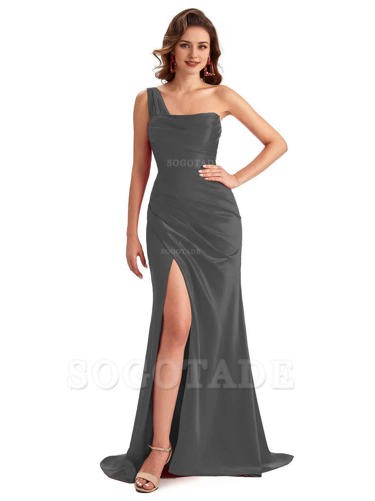 Sexy One Shoulder Side Slit Silky Satin Chic Long Mermaid Trumpet Bridesmaid Dress