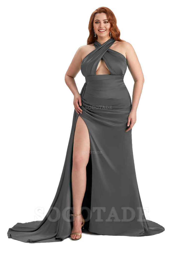 Sexy Halter Side Hight Slit Sleeveless Mermaid Soft Satin Long Plus Size Bridesmaid Dress For Wedding