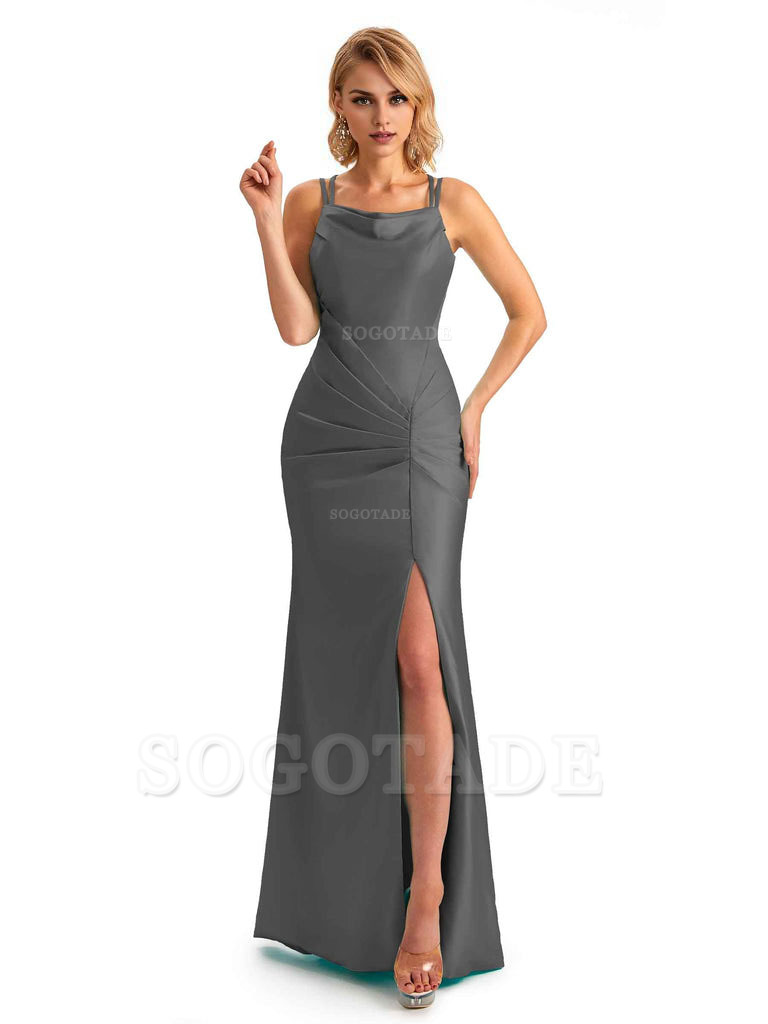 Soft Satin Spaghetti Straps Side Slit Long Unique Mermaid Beautiful Dresses For Wedding