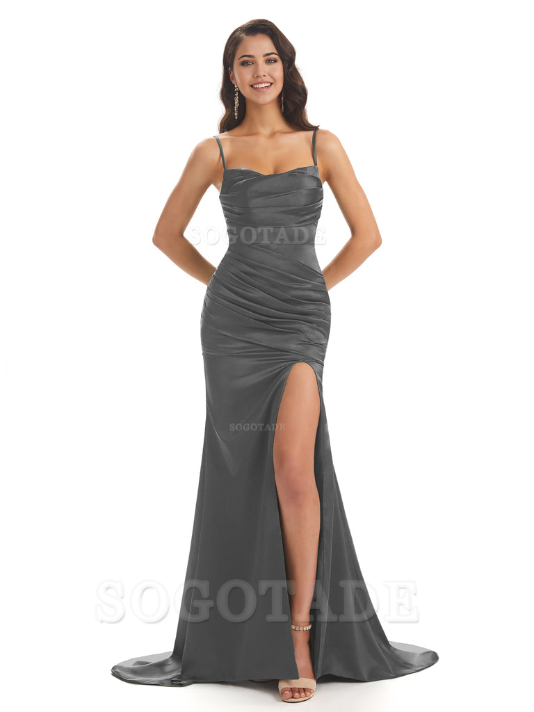 Mermaid Spaghetti Straps Satin Side Slit formal dresses evening gown Bridesmaid Dresses