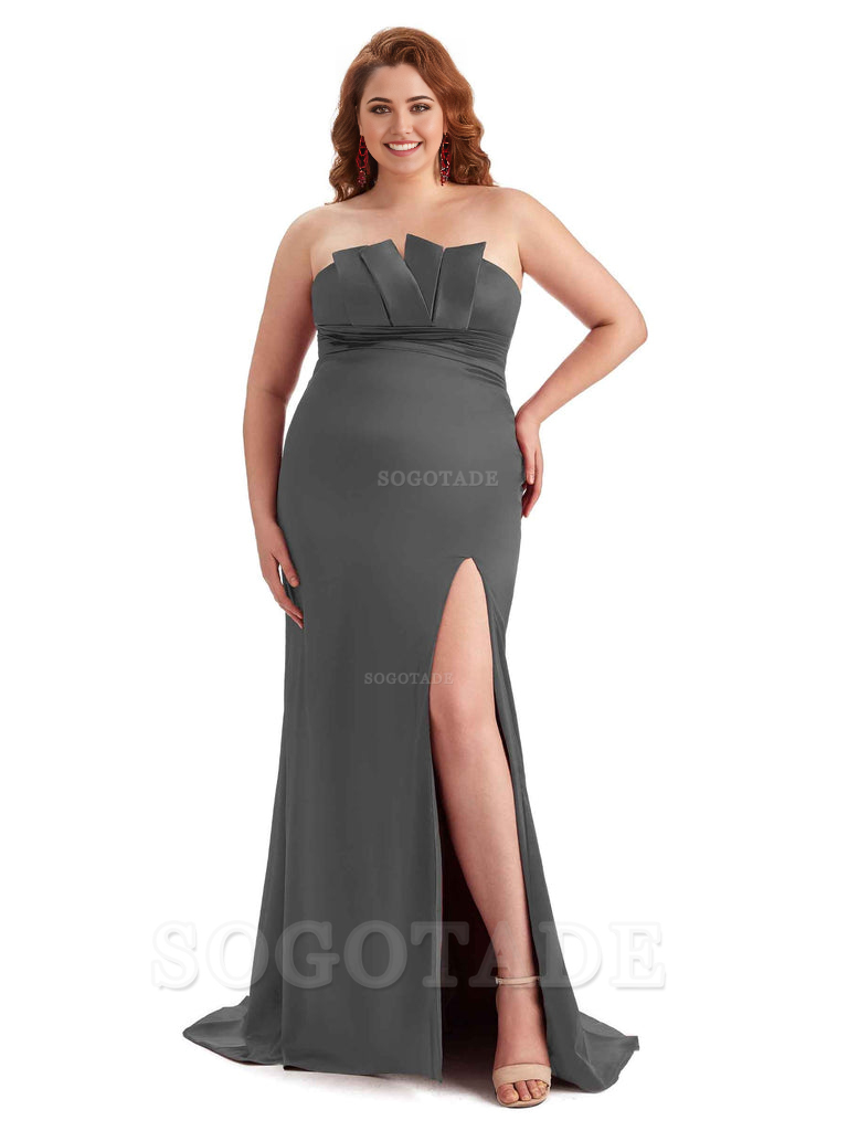 Sexy Side Slit Sleeveless Mermaid Soft Satin Long Plus Size Wedding Party Dresses For Wedding