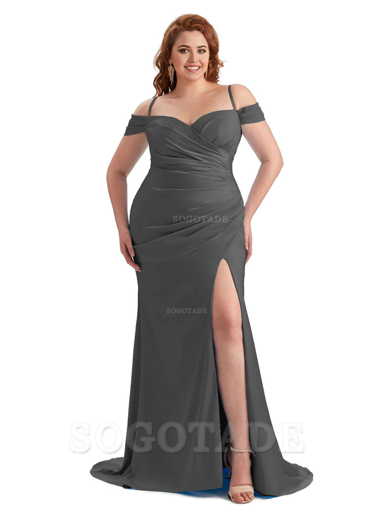 Sexy Side Slit Sleeveless Cold Shoulder Mermaid Soft Satin Long Plus Size Maid of Honor Dresses