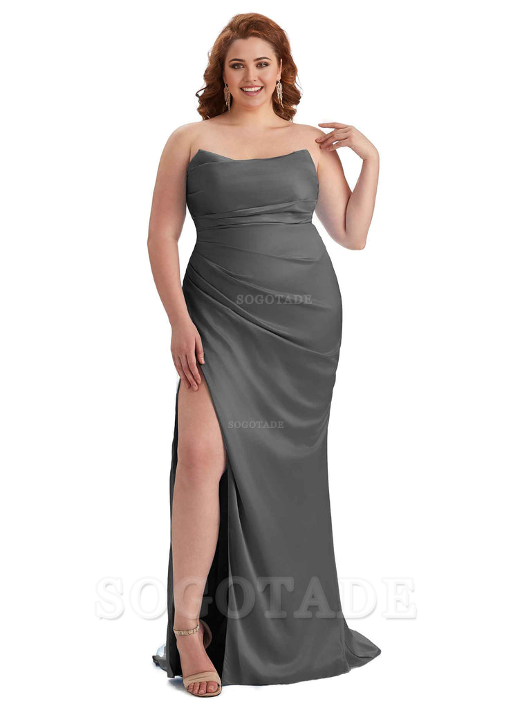 Sexy Side Slit Sleeveless Strapless Mermaid Soft Satin Long Plus Size Bridesmaid Dresses For Wedding