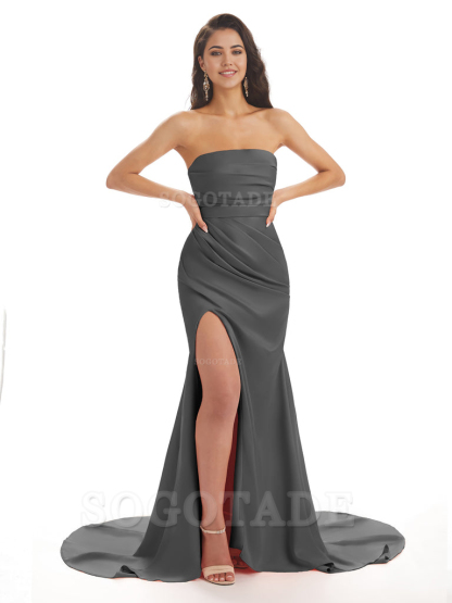 Mermaid Strapless Floor-Length Satin formal dresses evening gown Bridesmaid Dresses With Side Slit 