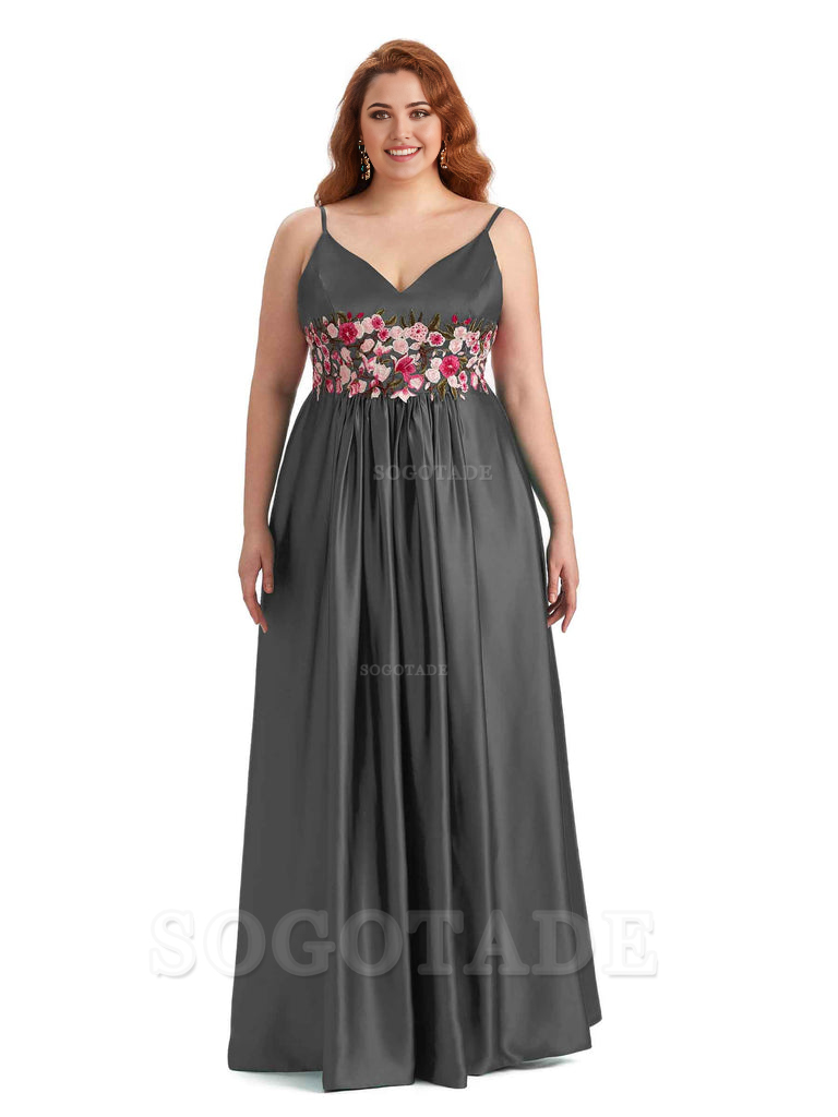 Unique Lace Spaghetti Straps Sleeveless Soft Satin Long Plus Size Bridesmaid Dress For Wedding
